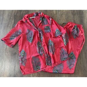 Their Nibs Red Satin Pajama Set Peacock Sexy Sleepwear Small S Short Sleeve